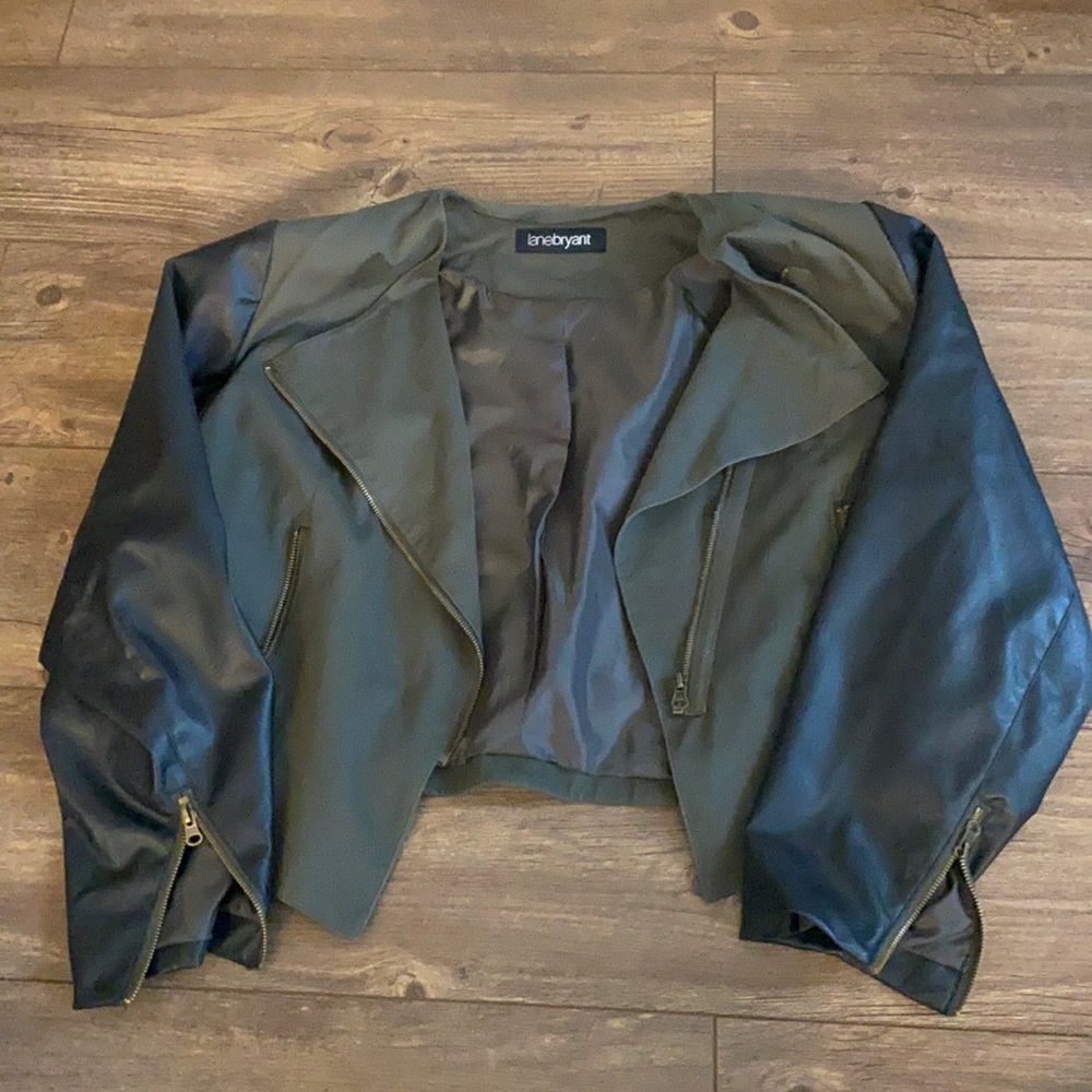 Army green and faux leather sleeves jacket from Lane Bryant